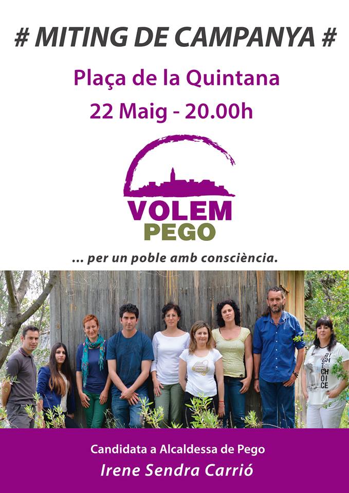 ‪#‎Miting‬ de campanya Volem Pego 22 de maig a la Plaça de la Quintana - 20.00h